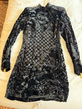 Balmain Long Sleeve Black Burnout Velvet Patterned silk Dress